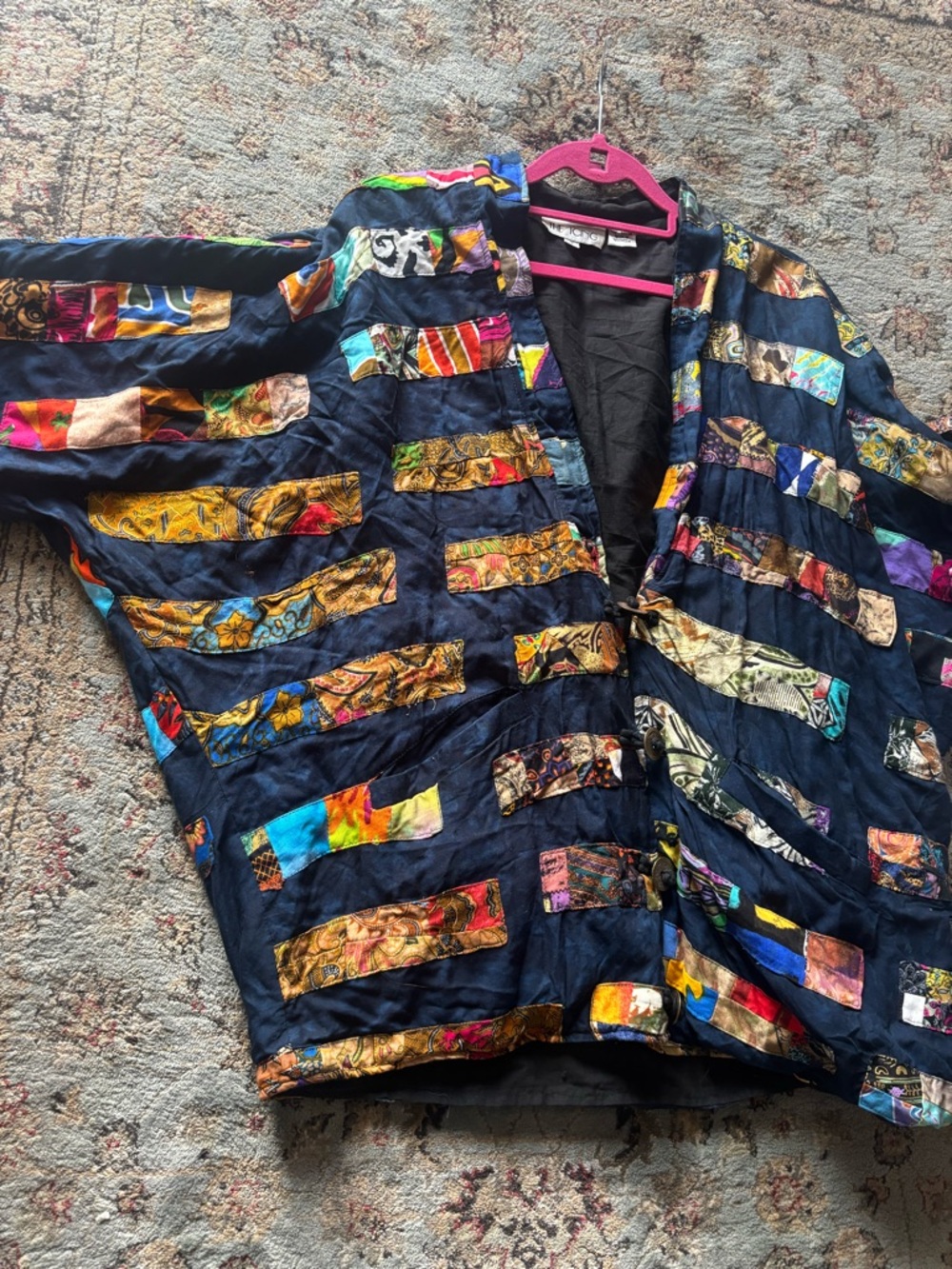 Vintage Bohemian Oversized Black Patchwork Open-Front Jacket Coin Buttons - Picture 3 of 11